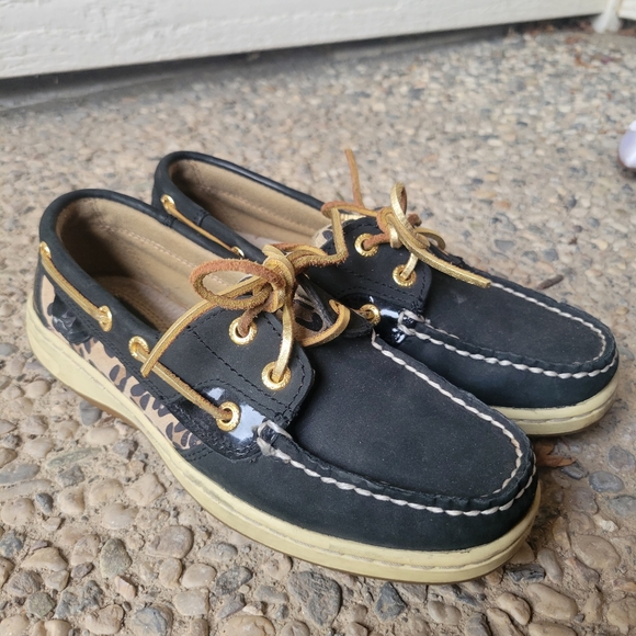 Sperry Black and Cheetah Print Top-Siders with Gold Laces - Picture 3 of 11
